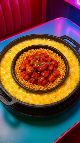Army‑stew–inspired grill platter with buldak chicken bites, ramyun noodles, and molten cheese moat bubbling in center — overhead softbox, colorful K‑pop diner ambiance.