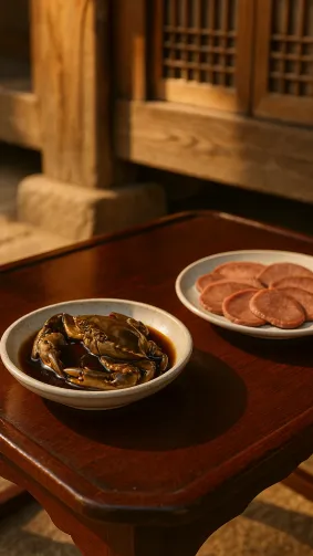Soy‑marinated ganjang gejang (raw crab) side dish glistening beside beef tongue slices on a lacquered hanok courtyard table — soft morning sidelight, traditional wooden textures.