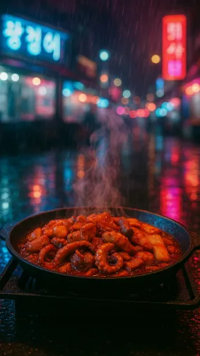 Sizzling teppan of spicy octopus & pork (jjukkumi‑samgyeop) photographed in a rainy Busan night market — reflections on wet pavement, cyberpunk neon hues, cinematic 50 mm frame.