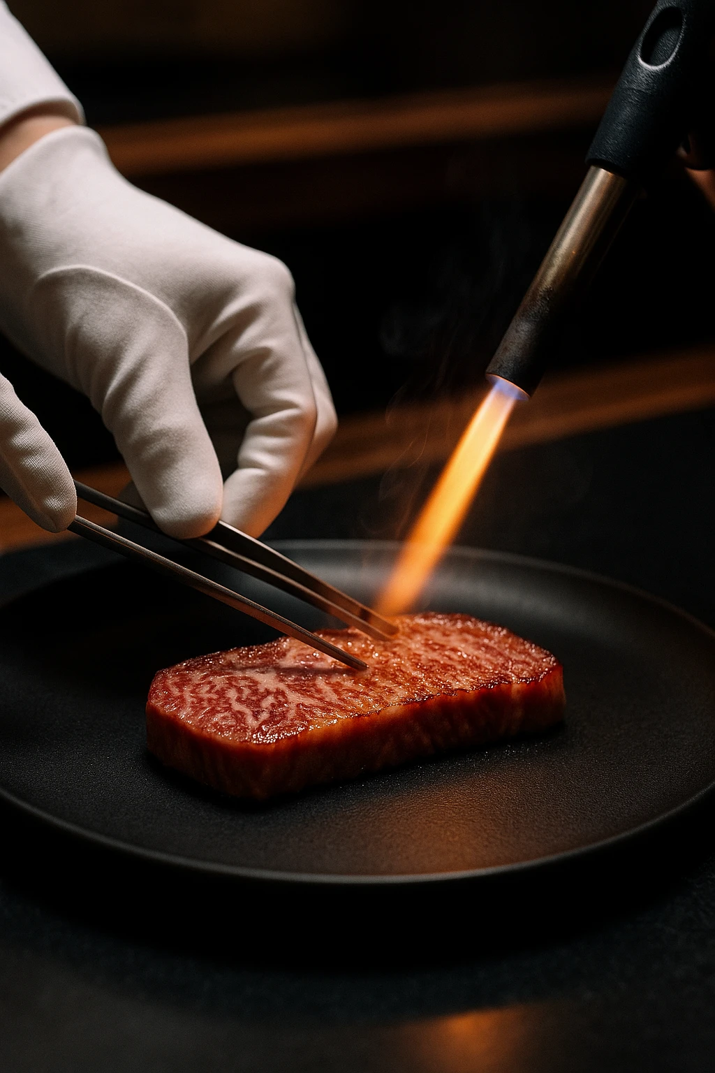 Premium wagyu‑style ddeungshim (sirloin) seared table‑side by chef in white gloves at a Michelin‑starred grill bar — spotlight bezel, matte‑black plateware, 85 mm macro for marbling detail.