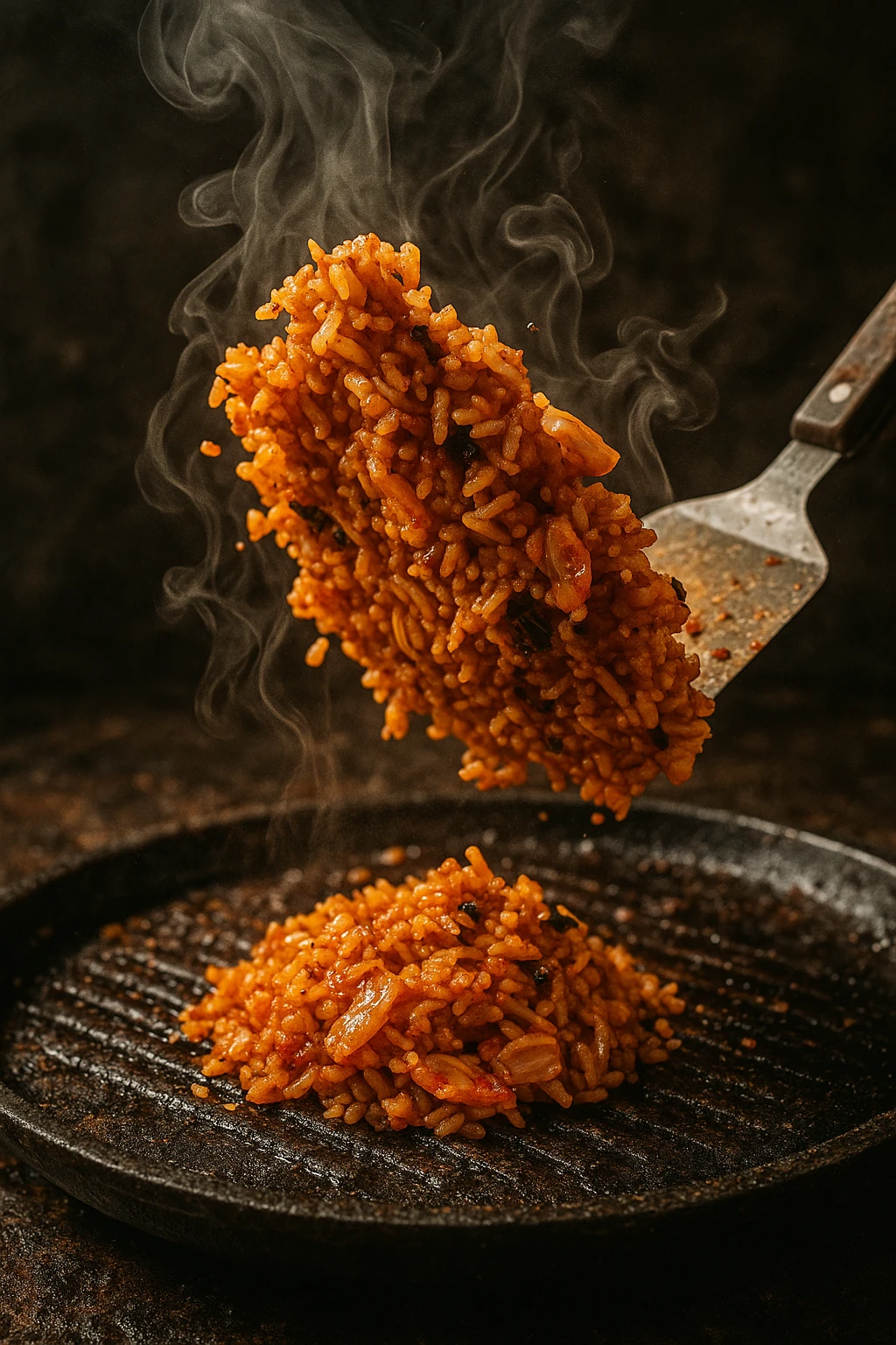 DIY kimchi fried‑rice cooked on residual grill heat after meat feast, spatula toss captured mid‑air — action shot, steam trails swirling, gritty close‑up.