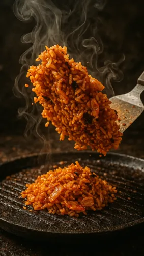 DIY kimchi fried‑rice cooked on residual grill heat after meat feast, spatula toss captured mid‑air — action shot, steam trails swirling, gritty close‑up.