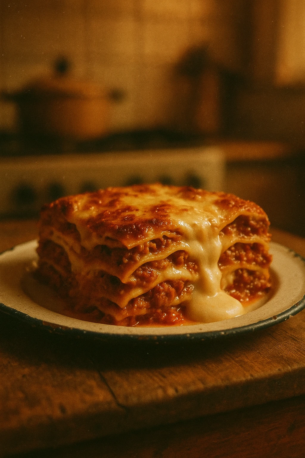 Nonna’s classic lasagna slice oozing béchamel and ragù, set on chipped enamel plate — warm kitchen tungsten, nostalgic film grain.