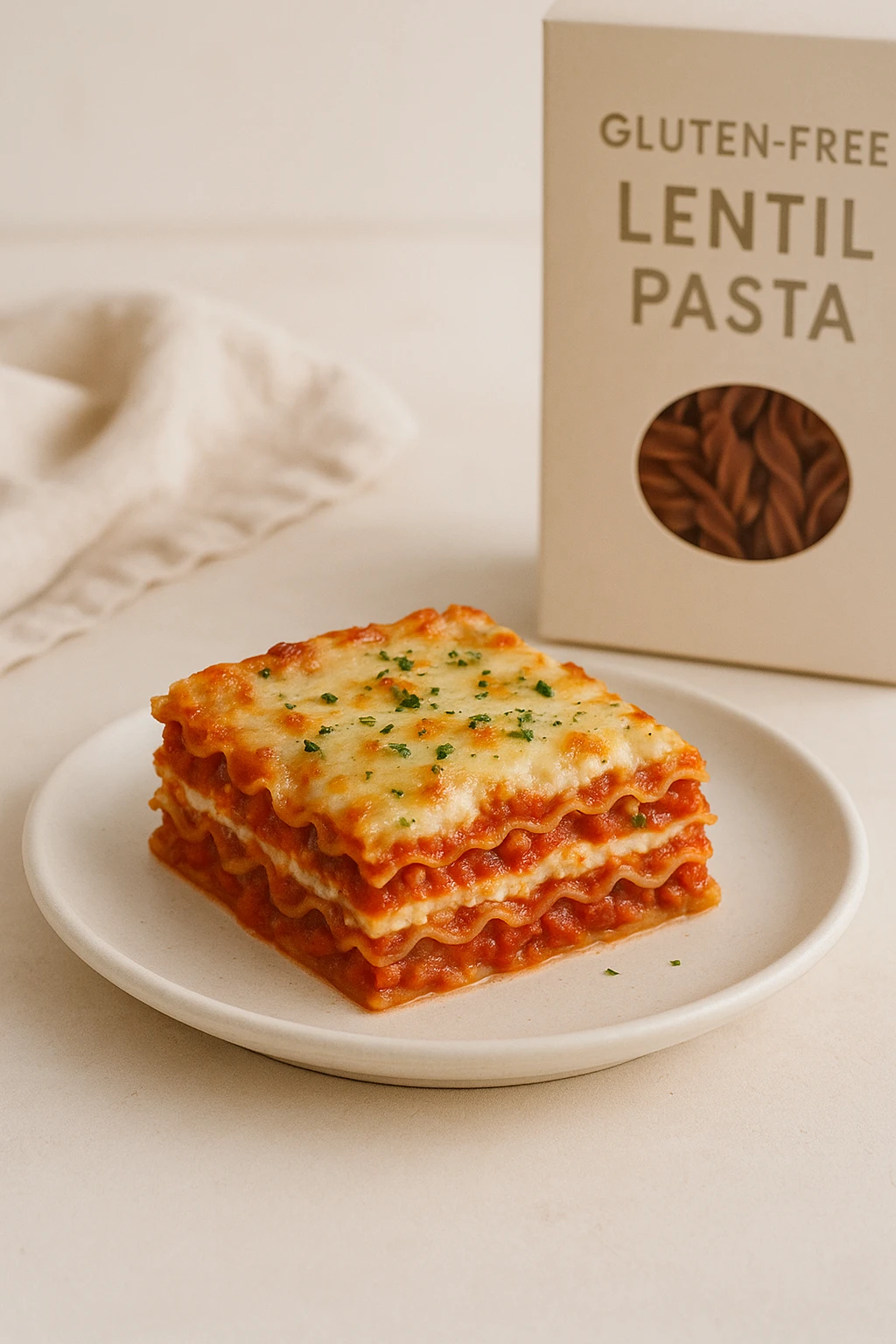 Gluten-free lentil-pasta lasagna slice at yoga retreat café — clean minimalist styling, soft tones.