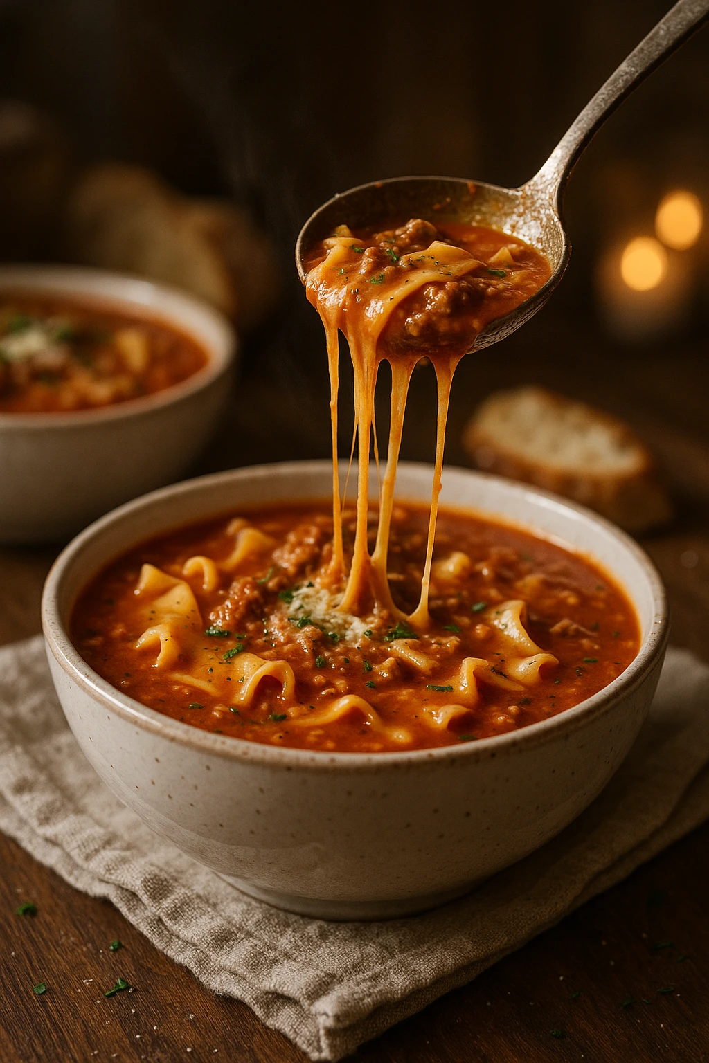 Lasagna soup ladled into bowl, stretchy cheese ribbons rising — high-speed capture, cozy winter vibe.
