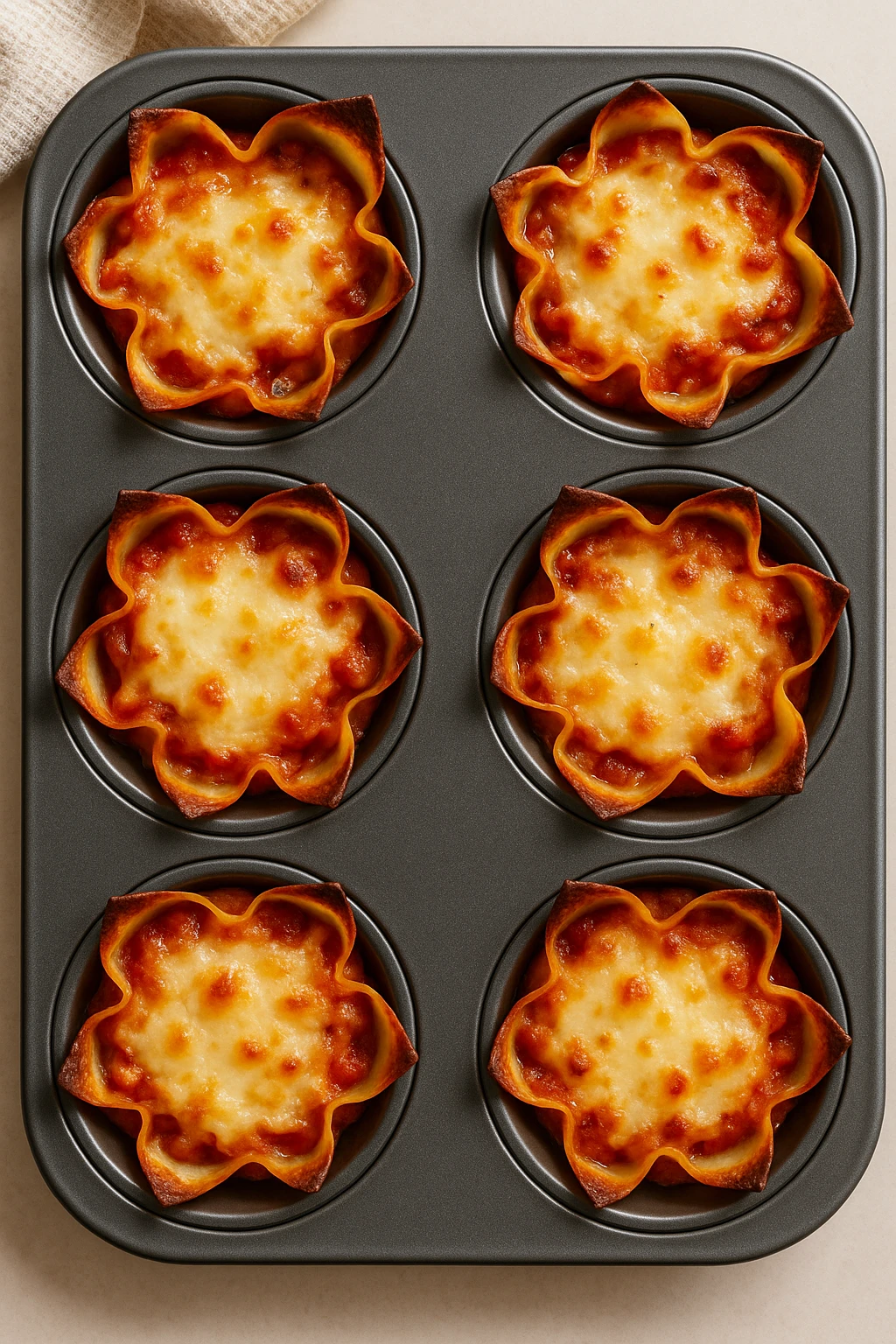 Mini lasagna cupcakes in muffin tin, browned edges crisp — overhead kitchen shot, playful catering concept.