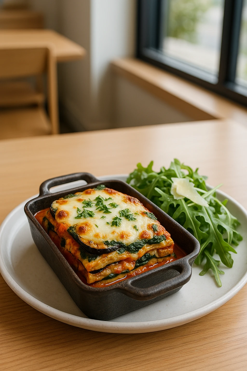 A refined vegetarian lasagna plated at a modern farm-to-table bistro. Made with roasted zucchini, eggplant, ricotta, spinach, and a light tomato basil sauce, topped with melted provolone and fresh herbs. Served in a cast iron baking dish with a side salad of arugula and shaved Parmesan. The background includes clean wooden surfaces, minimalist decor, and natural light streaming through large windows.