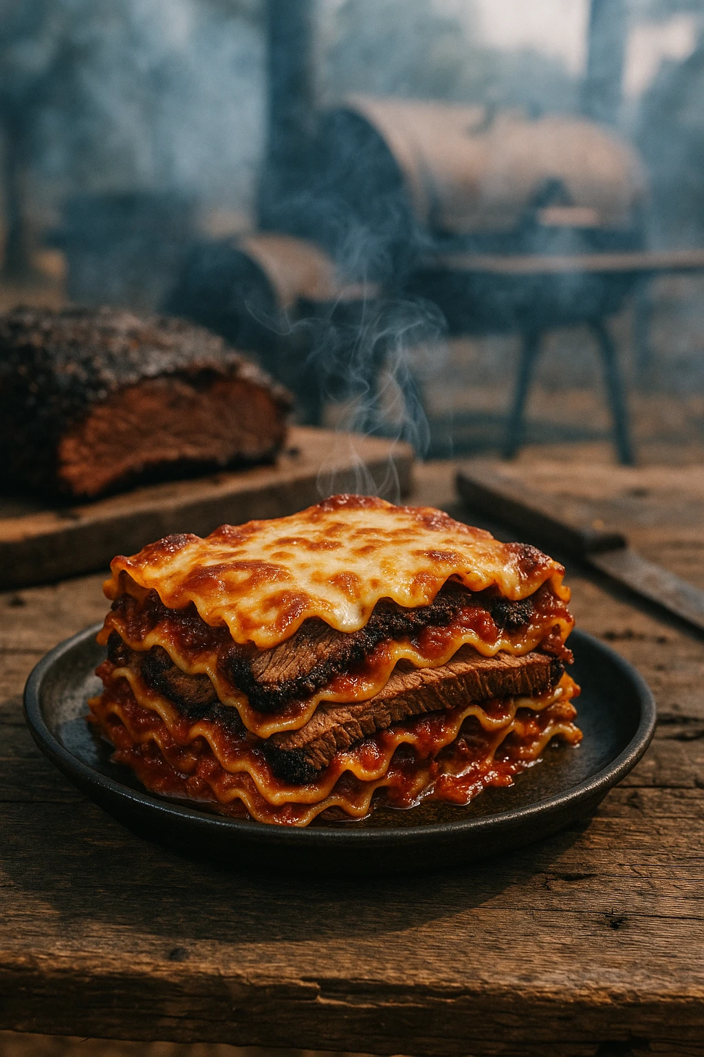 Mesquite-smoked brisket lasagna at outdoor barbecue — blue smoke haze, Texas rustic feel.