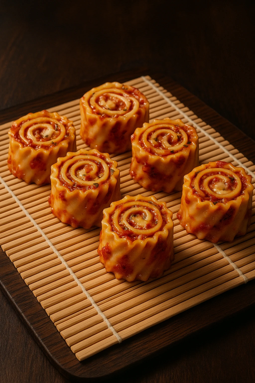 Lasagna pinwheel rolls plated like sushi on bamboo mat — fusion food-art, glossy magazine lighting.