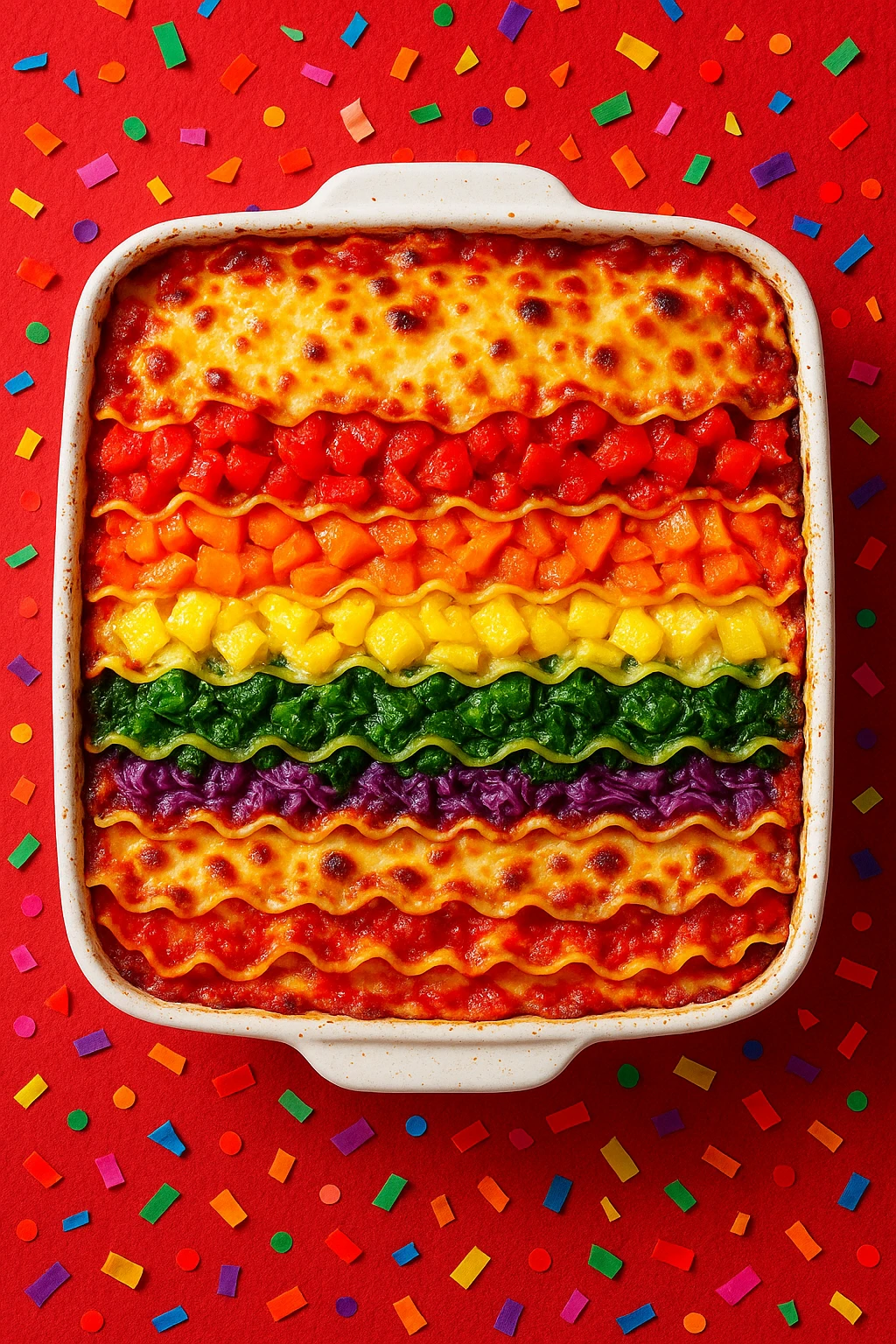 Rainbow vegetable lasagna celebrating Pride, vibrant layers — bright top-down style, festive energy.