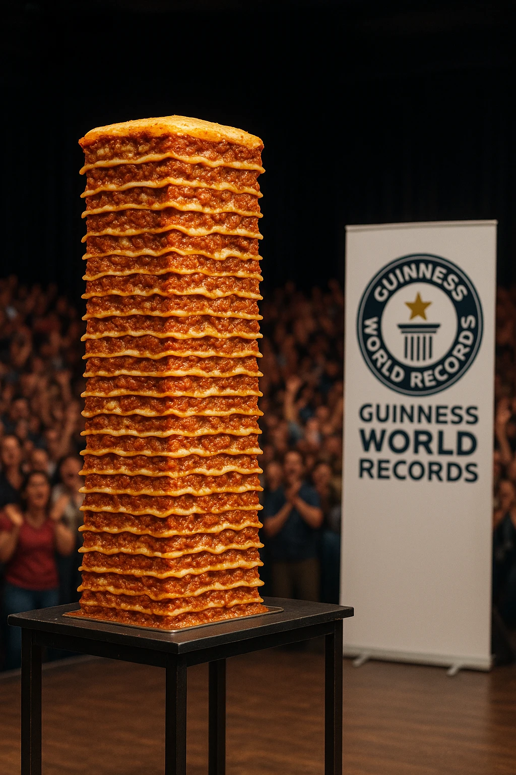 Towering 15-layer lasagna Guinness attempt on stage — wide-angle spectacle, cheering crowd blur.