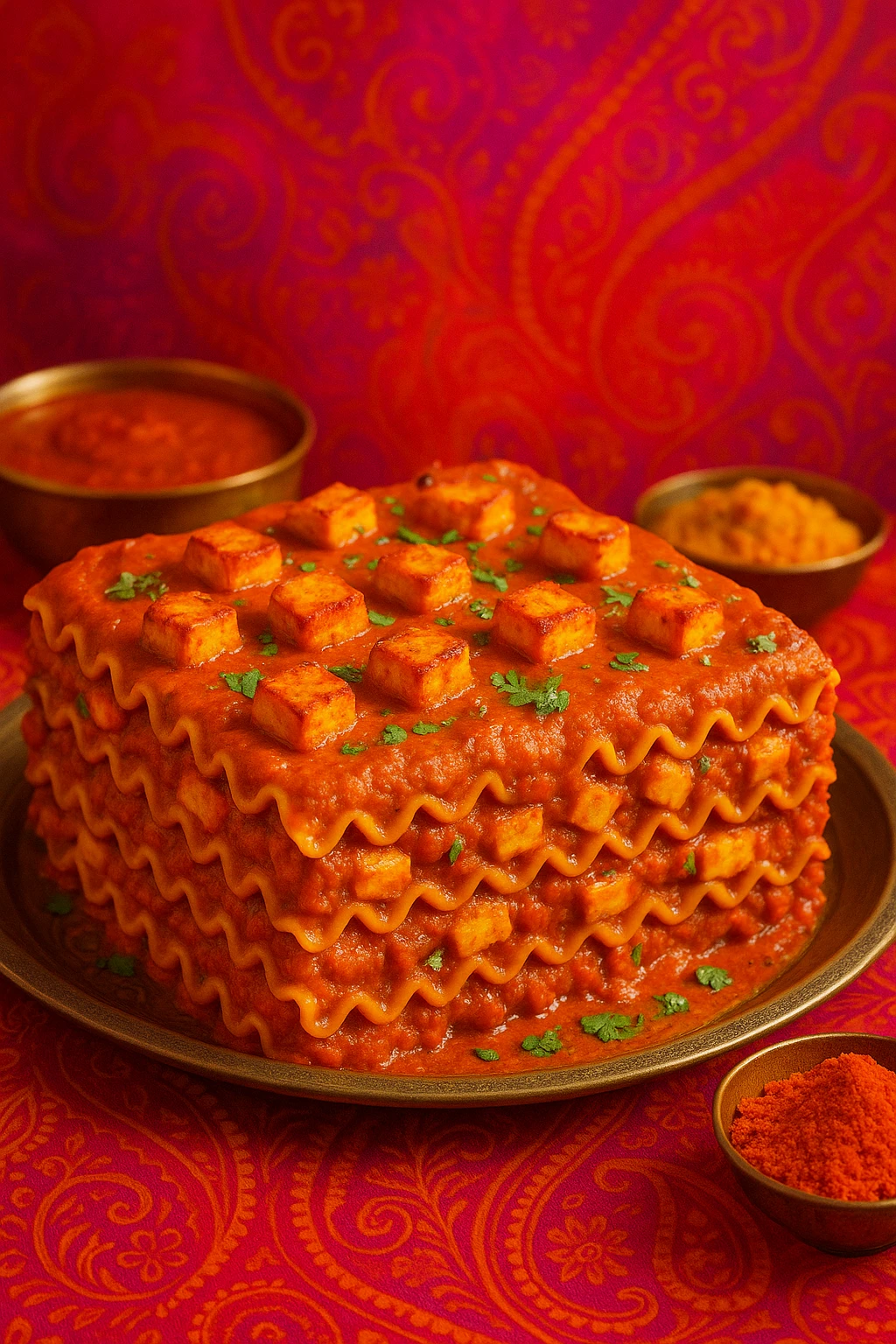 Indian curry masala lasagna with paneer layers — bold spice colors, Bollywood vibe.