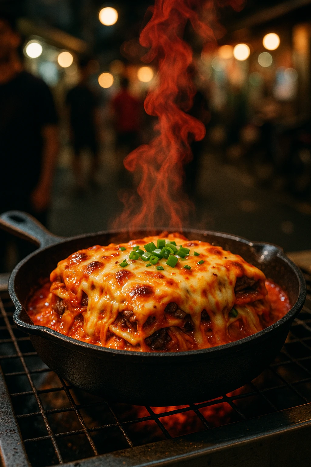 Kimchi-bulgogi lasagna fusion bubbling in cast iron — red chili steam, street-food scene.