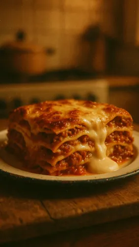 Nonna’s classic lasagna slice oozing béchamel and ragù, set on chipped enamel plate — warm kitchen tungsten, nostalgic film grain.