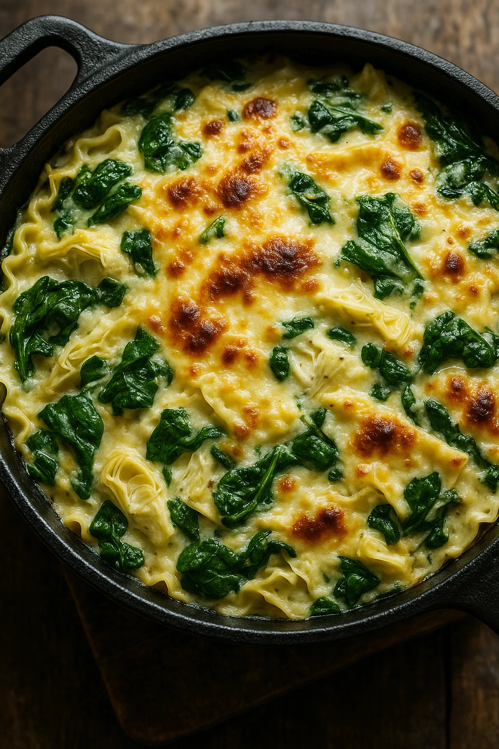 Spinach-artichoke white lasagna in cast-iron skillet, bubbling cheese crust — macro overhead, farmhouse window light.