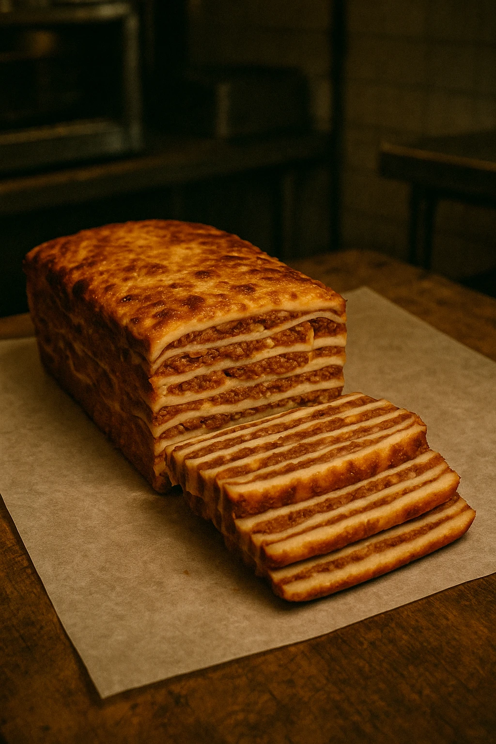 Lasagna ‘loaf’ sliced deli-style on butcher paper — gritty sandwich-shop lighting.
