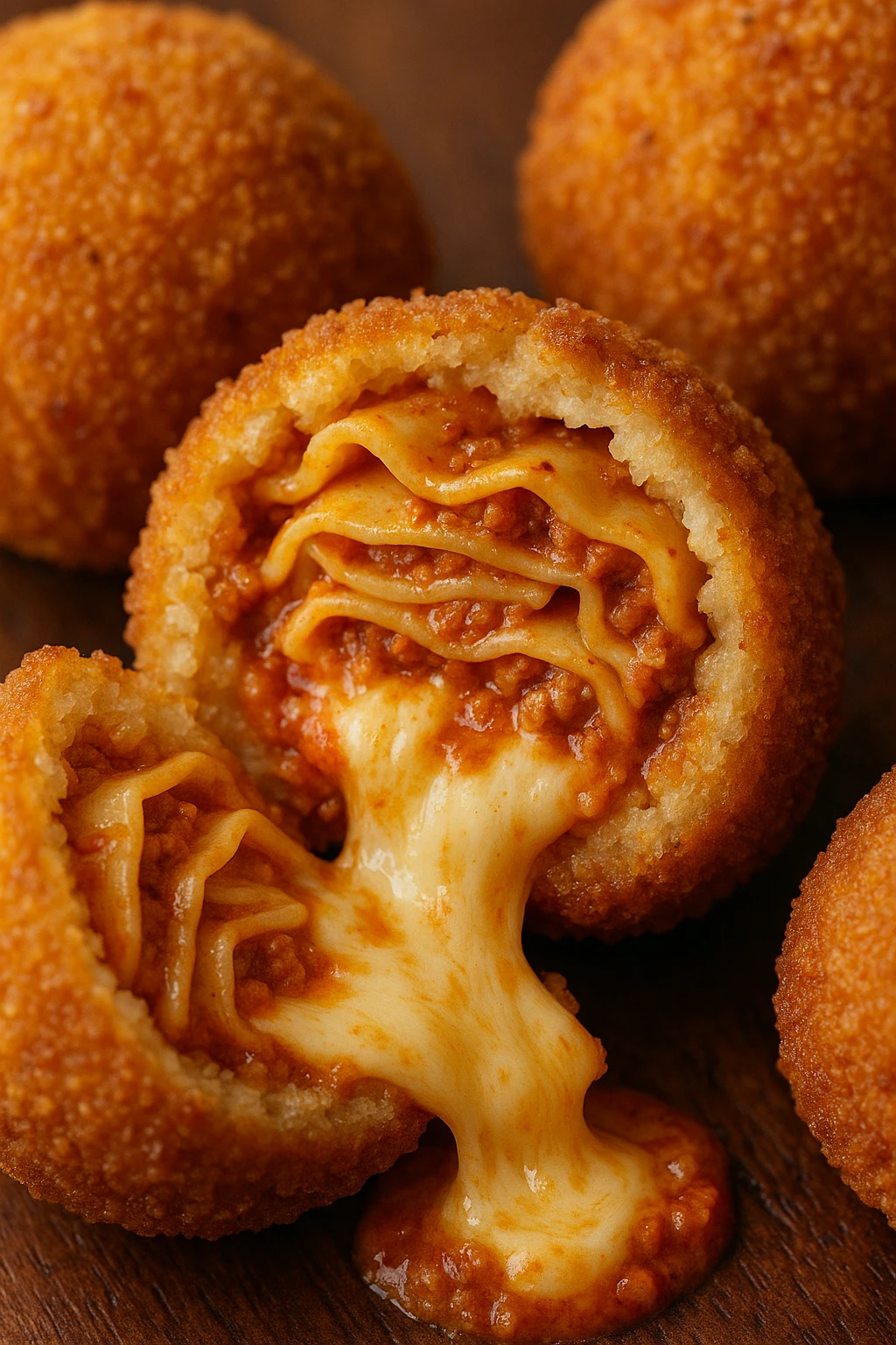 Arancini balls stuffed with mini-lasagna centers, cracked open — macro molten cheese.