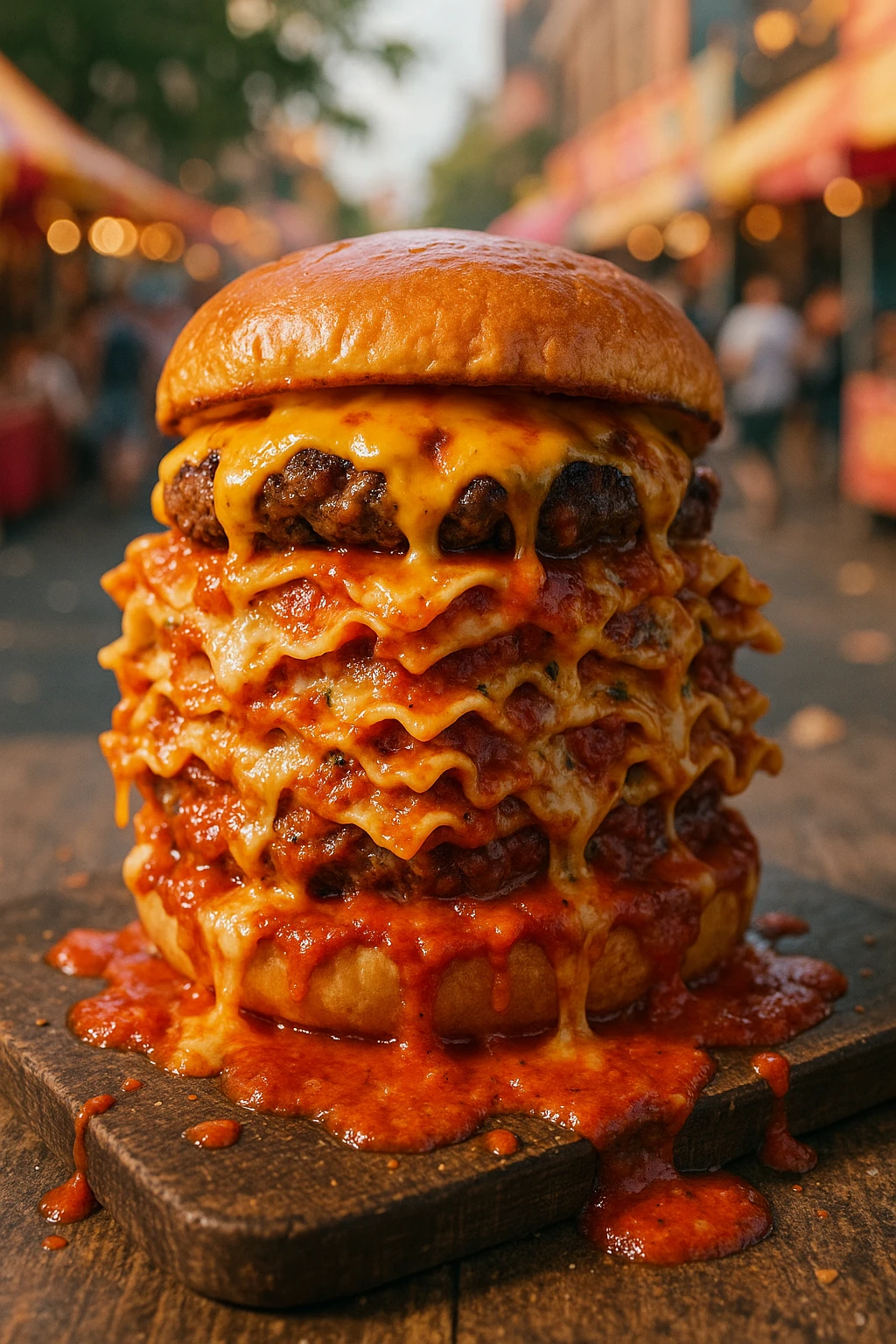 Lasagna-burger hybrid stack oozing sauces — messy indulgent street-fair vibe.