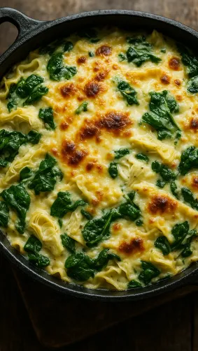 Spinach-artichoke white lasagna in cast-iron skillet, bubbling cheese crust — macro overhead, farmhouse window light.