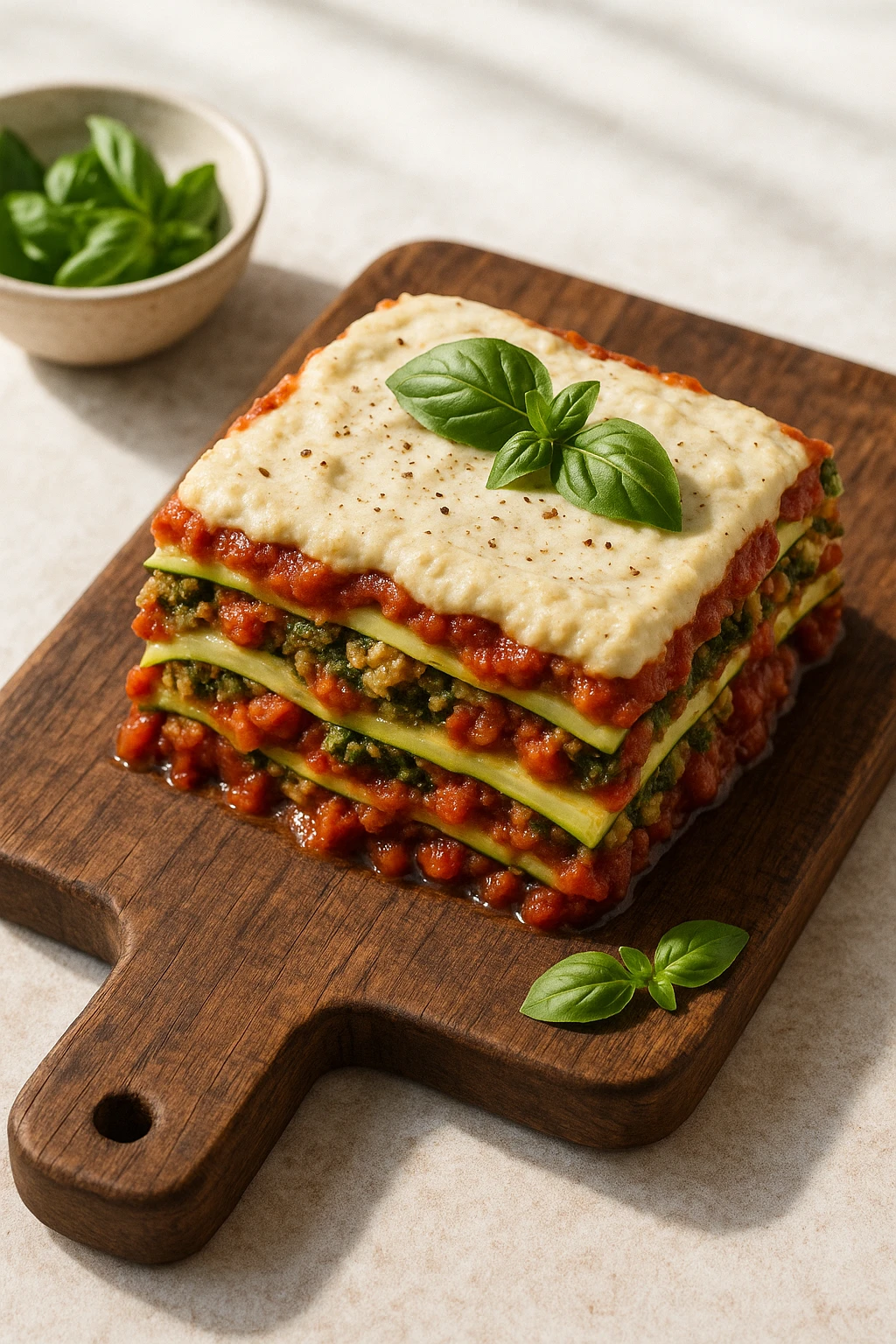 Vegan zucchini-noodle lasagna with cashew béchamel on rustic wood board — bright midday natural light, wellness styling.