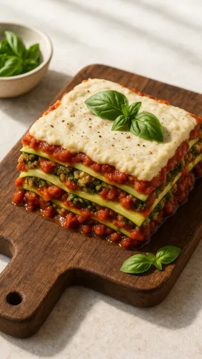 Vegan zucchini-noodle lasagna with cashew béchamel on rustic wood board — bright midday natural light, wellness styling.