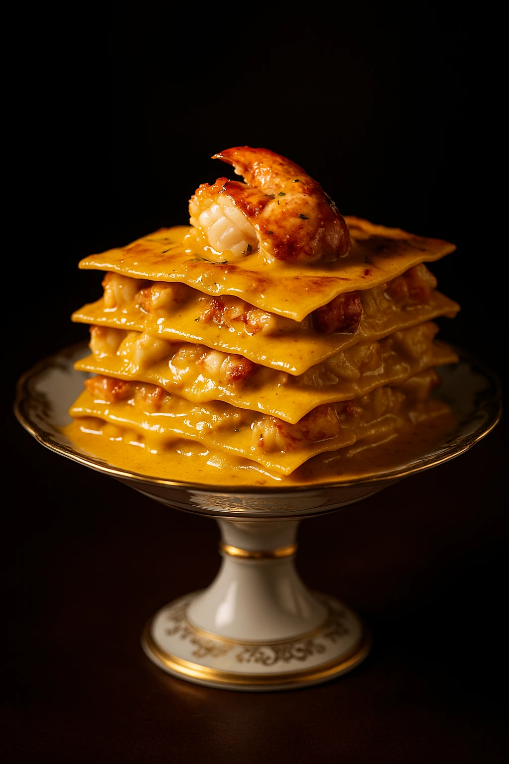 Lobster-saffron luxury lasagna stacked on fine-china pedestal — opulent low-key spotlight, 85 mm macro.