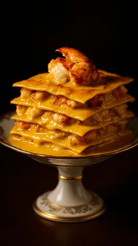 Lobster-saffron luxury lasagna stacked on fine-china pedestal — opulent low-key spotlight, 85 mm macro.