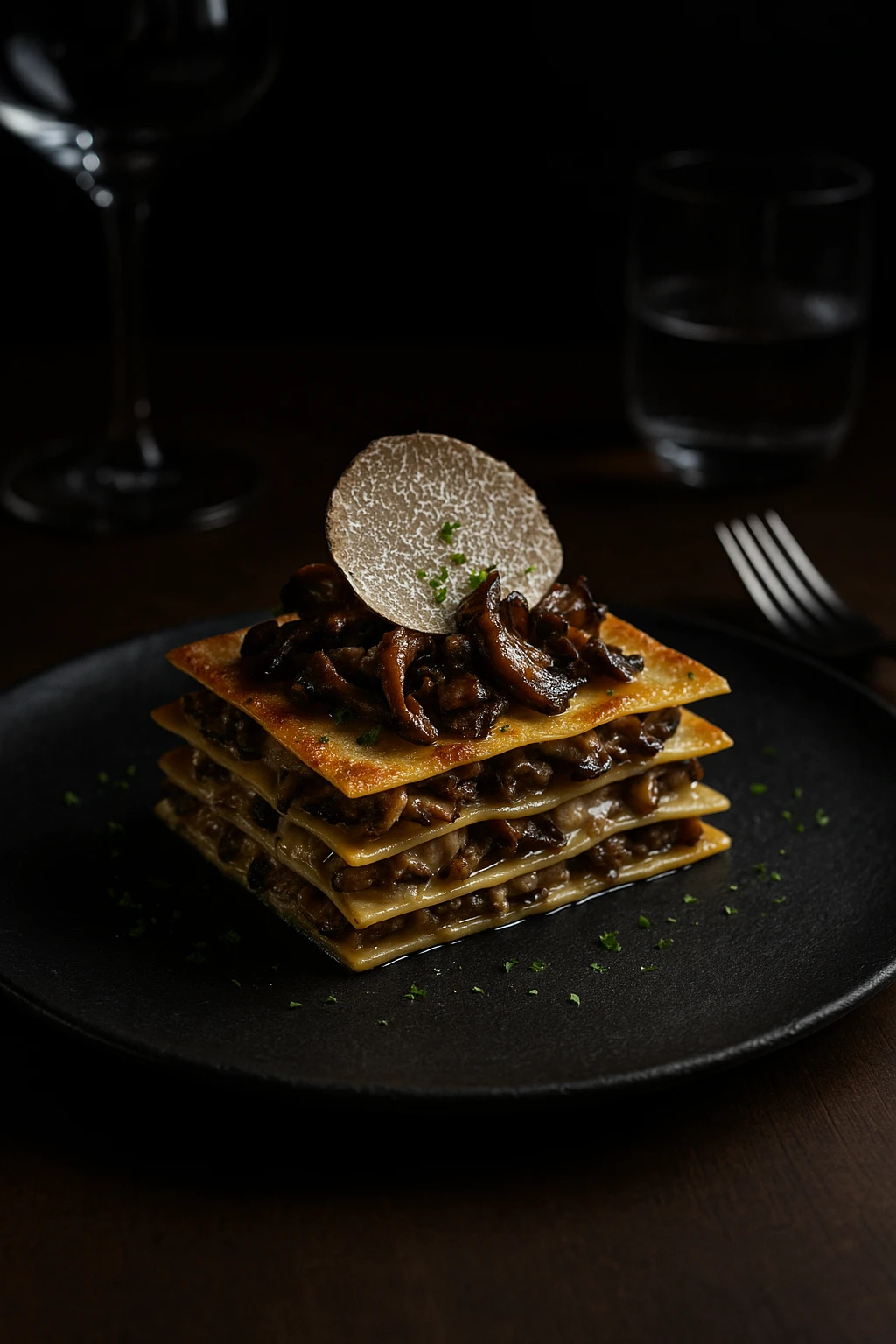Wild-mushroom truffle lasagna in modern fine-dining setting — dramatic chiaroscuro, black slate plate.