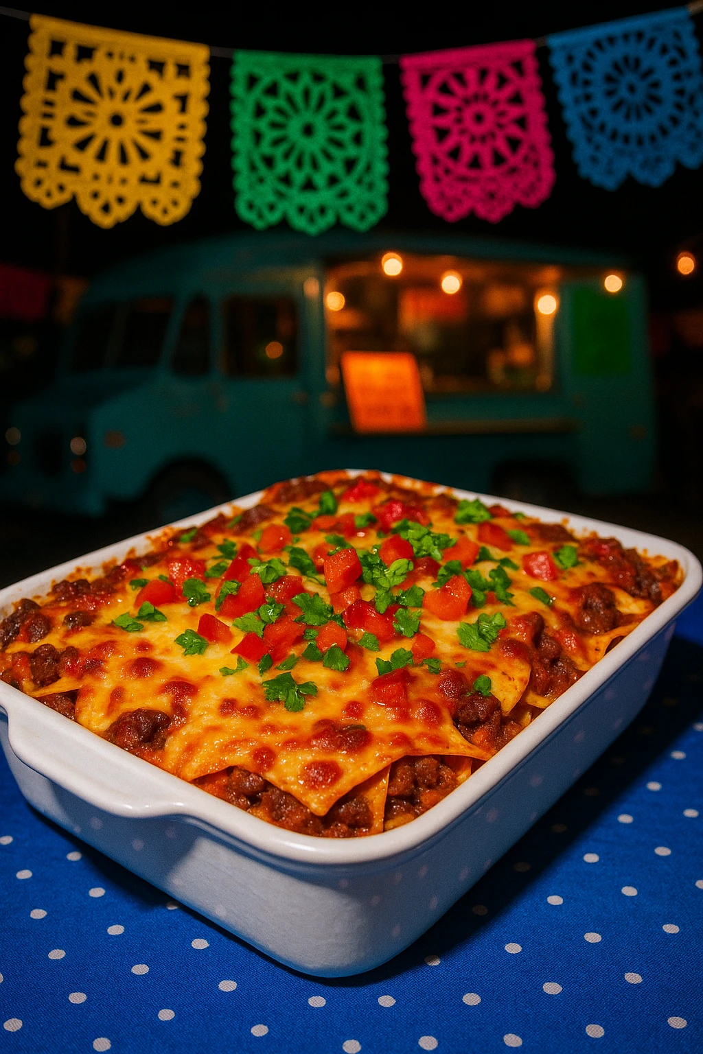 Mexican enchilada lasagna casserole at food-truck fiesta — vibrant papel-picado backdrop, handheld flash.