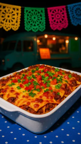Mexican enchilada lasagna casserole at food-truck fiesta — vibrant papel-picado backdrop, handheld flash.