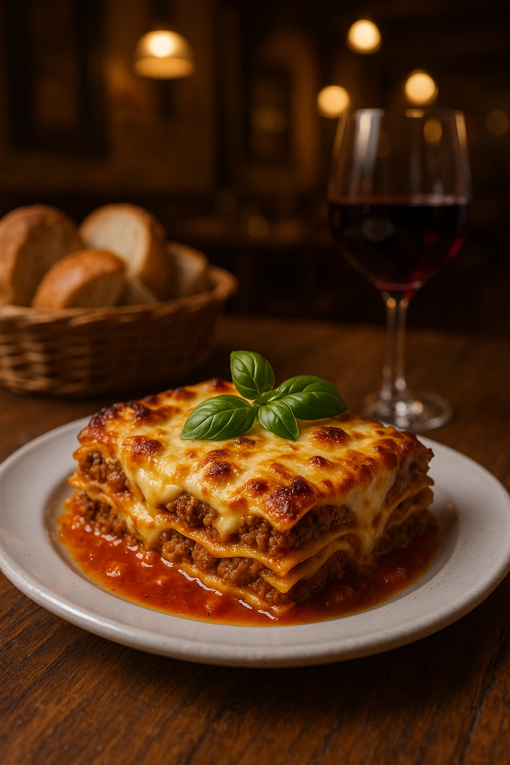 A bubbling, golden-brown slice of classic beef lasagna served at a rustic Italian trattoria. Rich layers of pasta, seasoned ground beef, creamy béchamel, and melted mozzarella, with sauce oozing slightly at the edges. Served on a white ceramic plate with a sprig of basil. Wooden table setting with a basket of warm bread, a glass of red wine, and soft lighting from hanging pendant lamps.