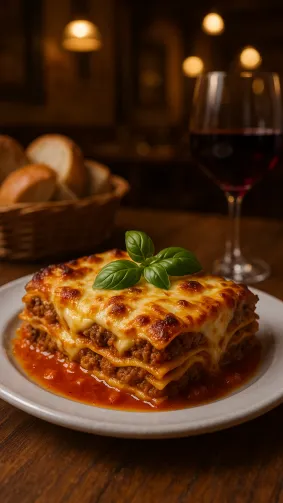 A bubbling, golden-brown slice of classic beef lasagna served at a rustic Italian trattoria. Rich layers of pasta, seasoned ground beef, creamy béchamel, and melted mozzarella, with sauce oozing slightly at the edges. Served on a white ceramic plate with a sprig of basil. Wooden table setting with a basket of warm bread, a glass of red wine, and soft lighting from hanging pendant lamps.