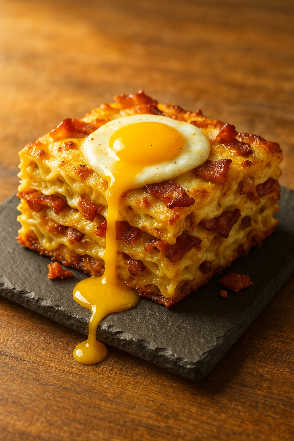 Breakfast bacon-egg lasagna square on slate, yolk drizzle — early morning golden hue, comfort-food mood.
