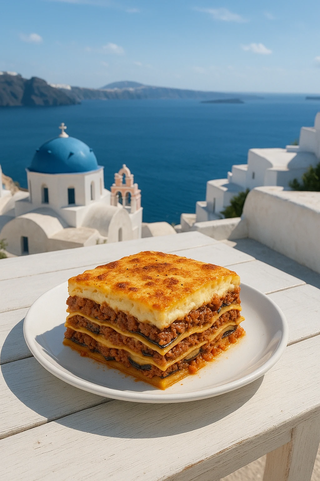 Greek moussaka-lasagna mash-up served on whitewashed terrace overlooking Aegean — bright coastal daylight.