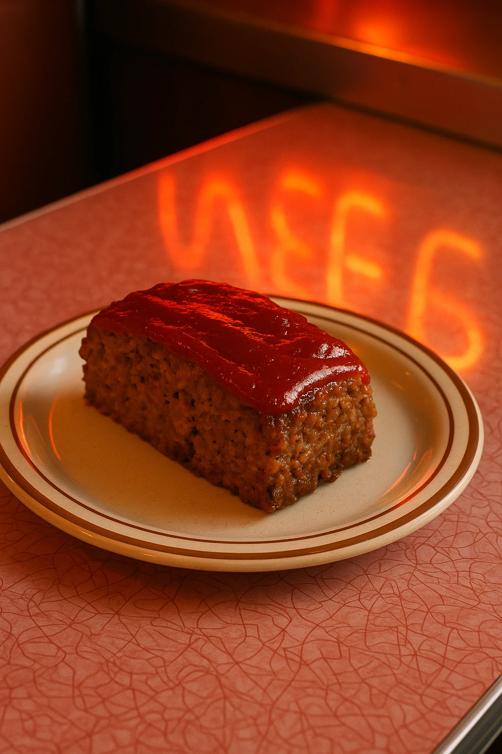 Ketchup-glazed classic meatloaf slice on diner Formica counter — warm neon sign reflections, retro vibe.