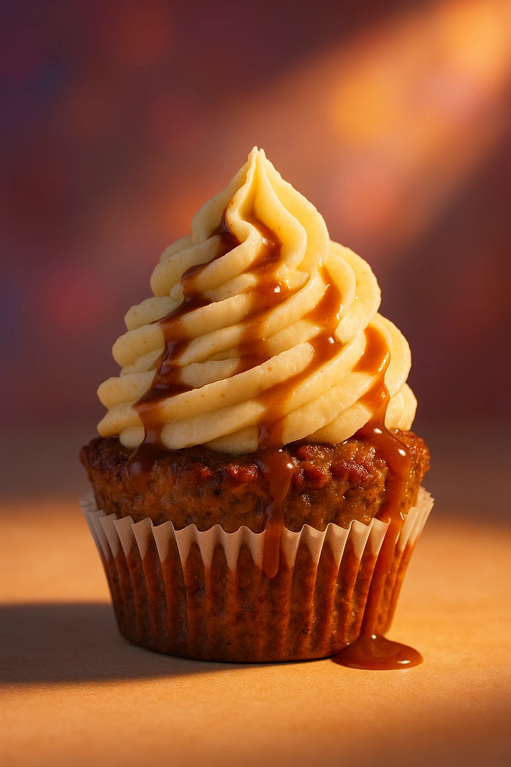 Meatloaf ‘cupcake’ with piped mashed-potato frosting and gravy drizzle — whimsical studio lighting.