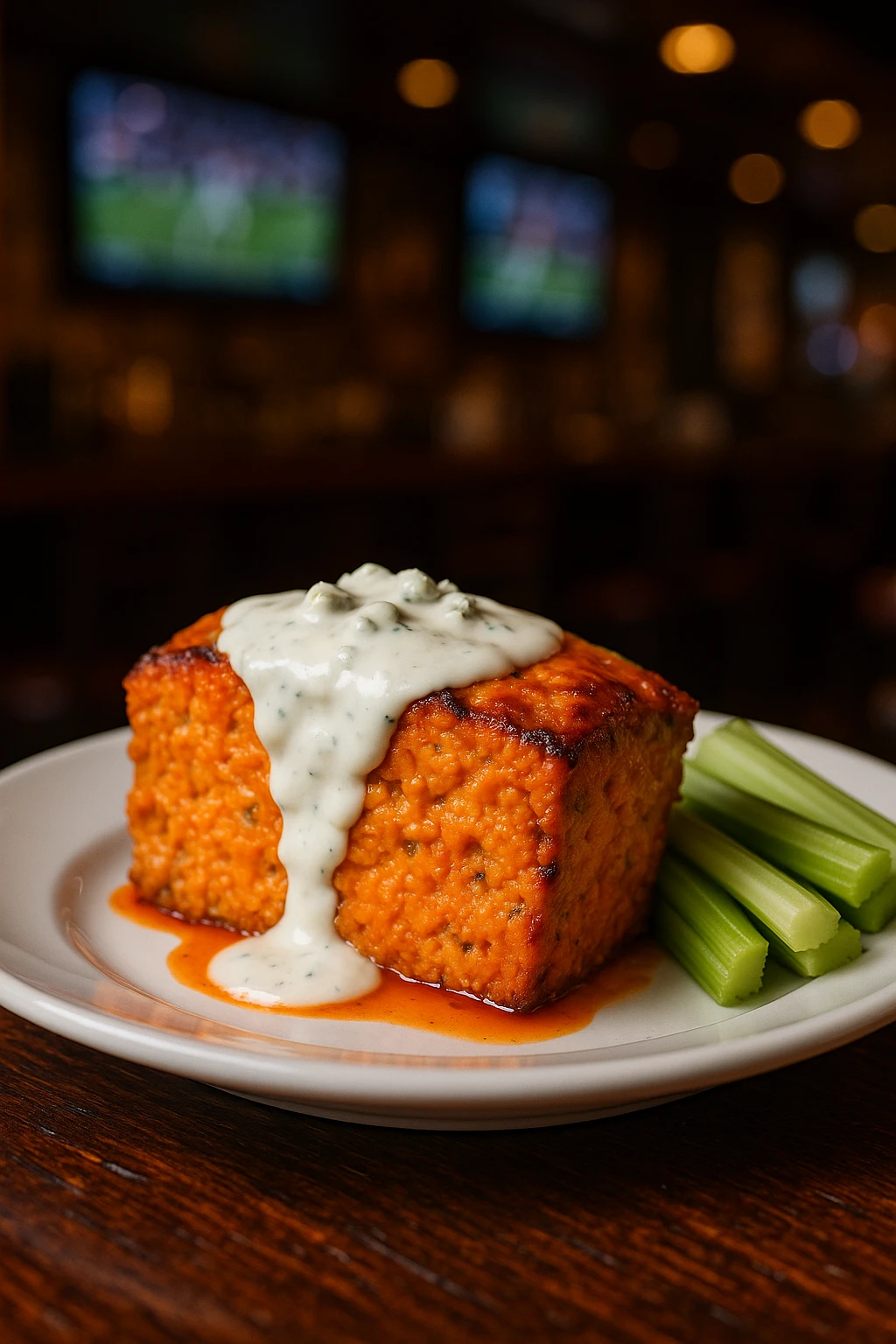 Buffalo-chicken meatloaf drizzled blue-cheese dressing, celery sticks side — sports-bar vibe.