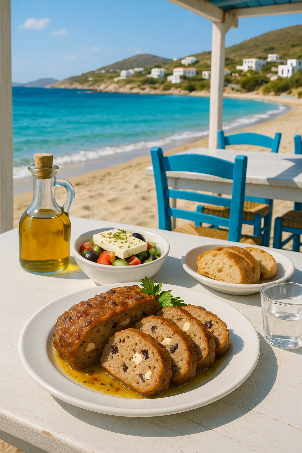 Mediterranean olive-feta meatloaf at beach taverna — bright daylight, Aegean backdrop.