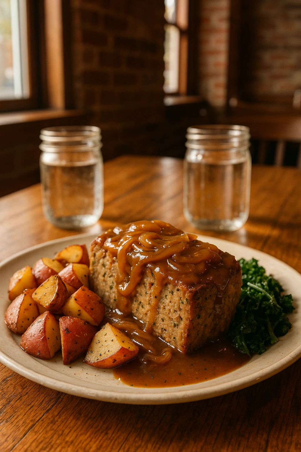 A hearty homestyle meatloaf dinner at a rustic farm-to-table restaurant. Thick slab of herb-infused meatloaf topped with caramelized onion gravy, paired with roasted garlic red potatoes and sautéed kale. Set on a wooden table with mason jar water glasses, exposed brick walls, and natural sunlight from nearby windows.