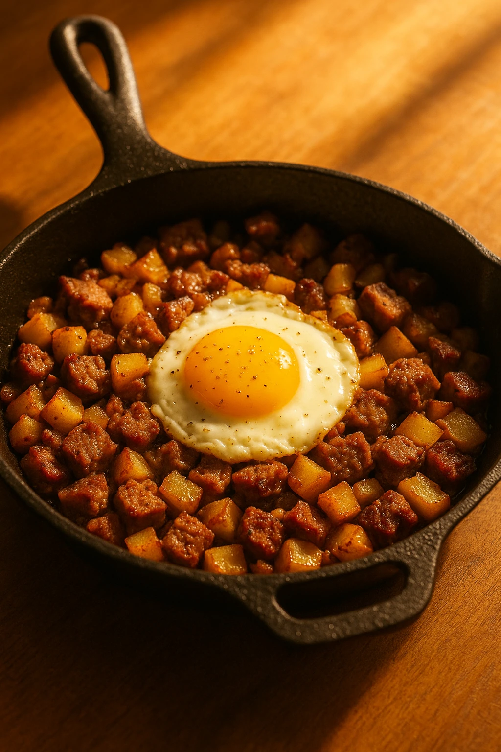 Breakfast meatloaf hash sizzling in cast-iron skillet, sunny egg on top — golden morning glow.