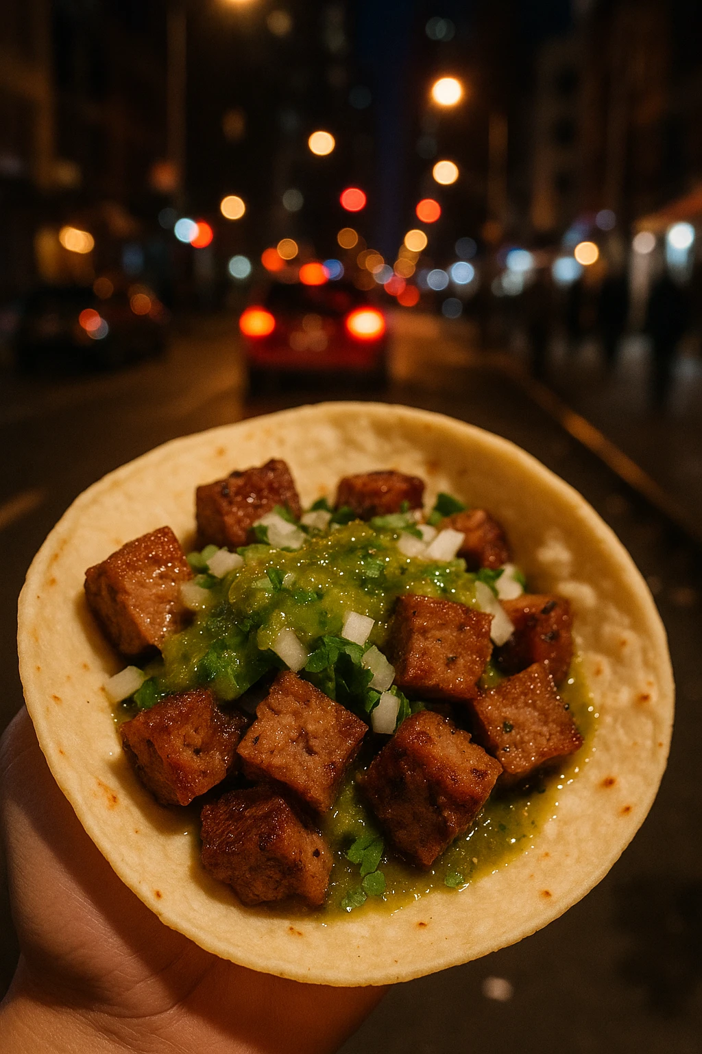 Street-taco meatloaf chunks in soft tortilla, salsa verde — urban late-night energy.