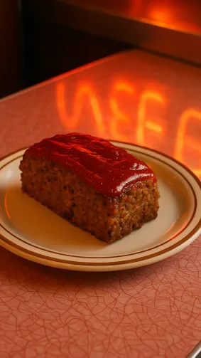 Ketchup-glazed classic meatloaf slice on diner Formica counter — warm neon sign reflections, retro vibe.
