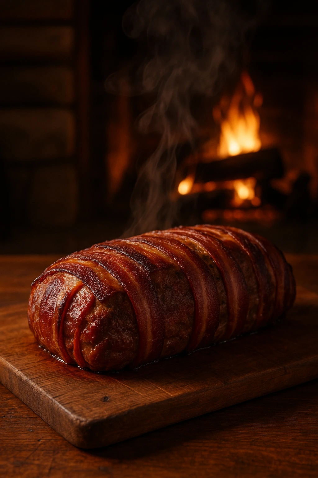 Bacon-wrapped meatloaf loaf resting on wooden board, smoke rising — rustic cabin fireplace glow.