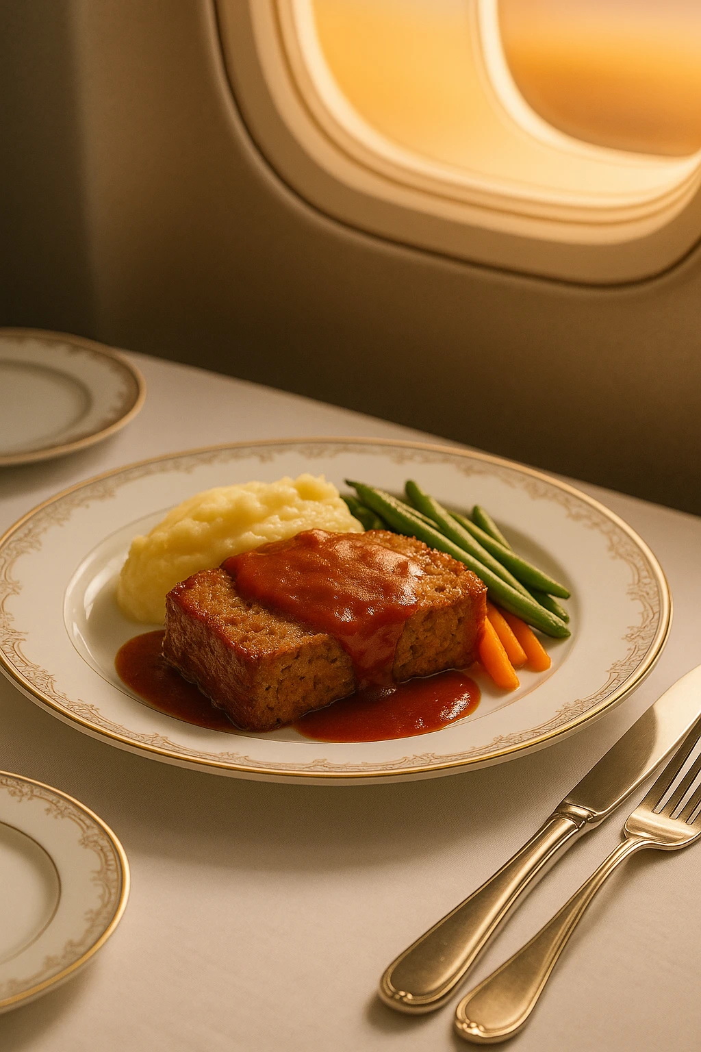 First-class airline meatloaf plated on bone china, cabin window glow — luxe travel editorial.