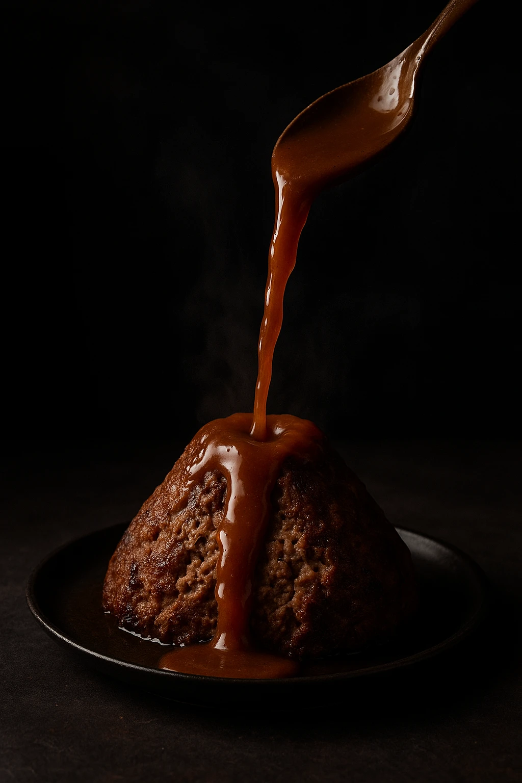 Gravy ‘volcano’ meatloaf with lava stream mid-pour — dramatic action freeze, dark studio.