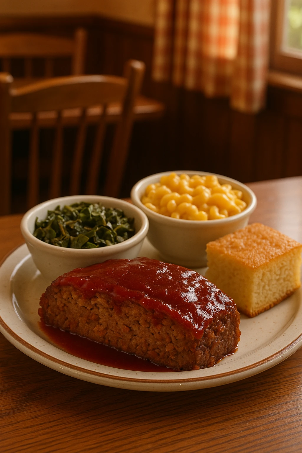 A comforting slice of meatloaf served at a family-style Southern restaurant. The meatloaf is rich and juicy with a tangy BBQ glaze, paired with mac and cheese and collard greens. Served on a ceramic plate with cornbread on the side. Warm, homey atmosphere with wooden furniture, checkered curtains, and soft ambient lighting.