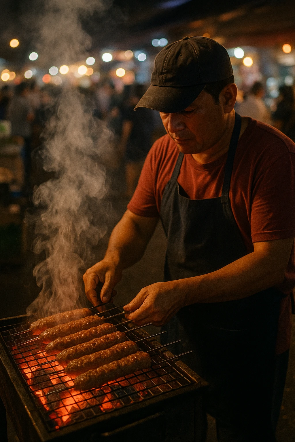 Street vendor meatloaf kebab skewers smoking over charcoal — candid night market capture.