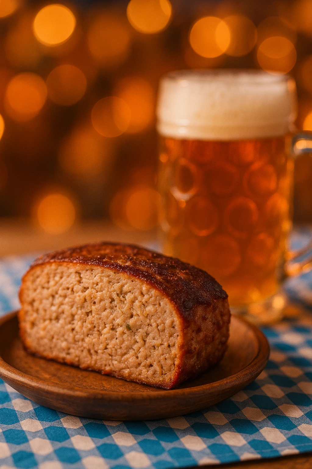 Bratwurst-style Oktoberfest meatloaf slice with beer stein blur — warm festival atmosphere.