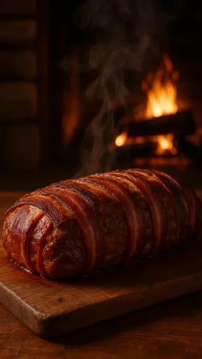 Bacon-wrapped meatloaf loaf resting on wooden board, smoke rising — rustic cabin fireplace glow.