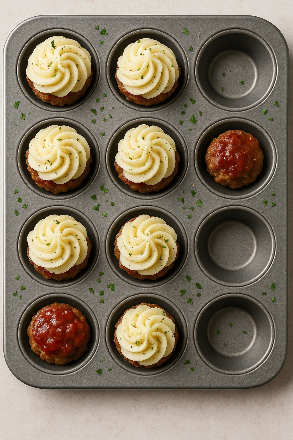 Mini muffin-tin meatloaf trio with mashed-potato piped tops — playful catering overhead.